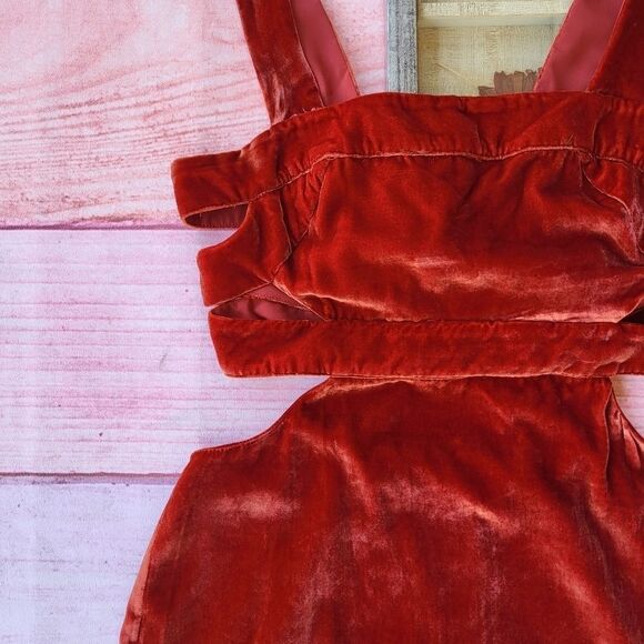 For Love & Lemons Rust Red Kate Velvet Strappy Cutout Overall Mini Dress L - Picture 8 of 10